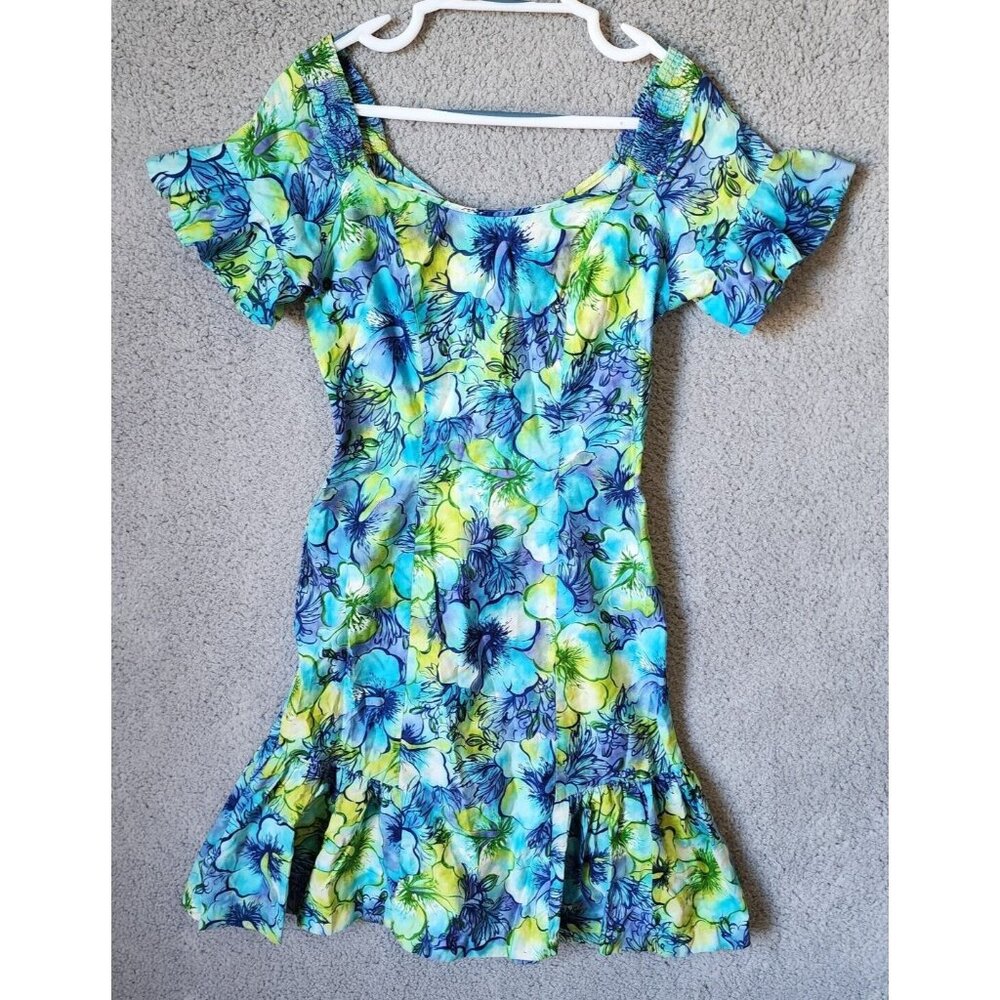 Vtg 60s/70s Reef Hawaii Women's Short Ruffle Trumpet Dress Tropical Floral Sz XS